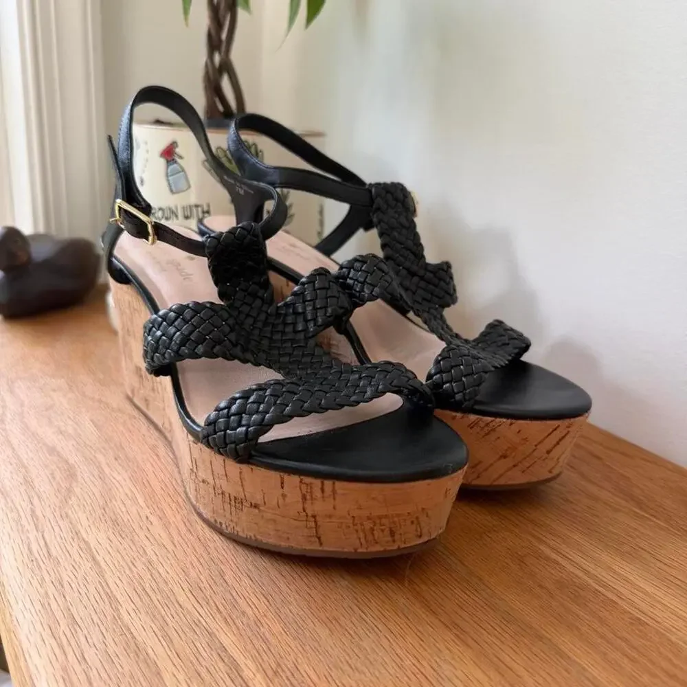 Kate Spade Black Woven Leather Cork Wedge Sandals Size 7